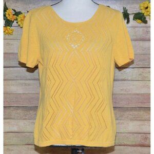 Judith Hart Yellow Linen Blend Short Sleeve Knit Sweater Top Size XL Crochet